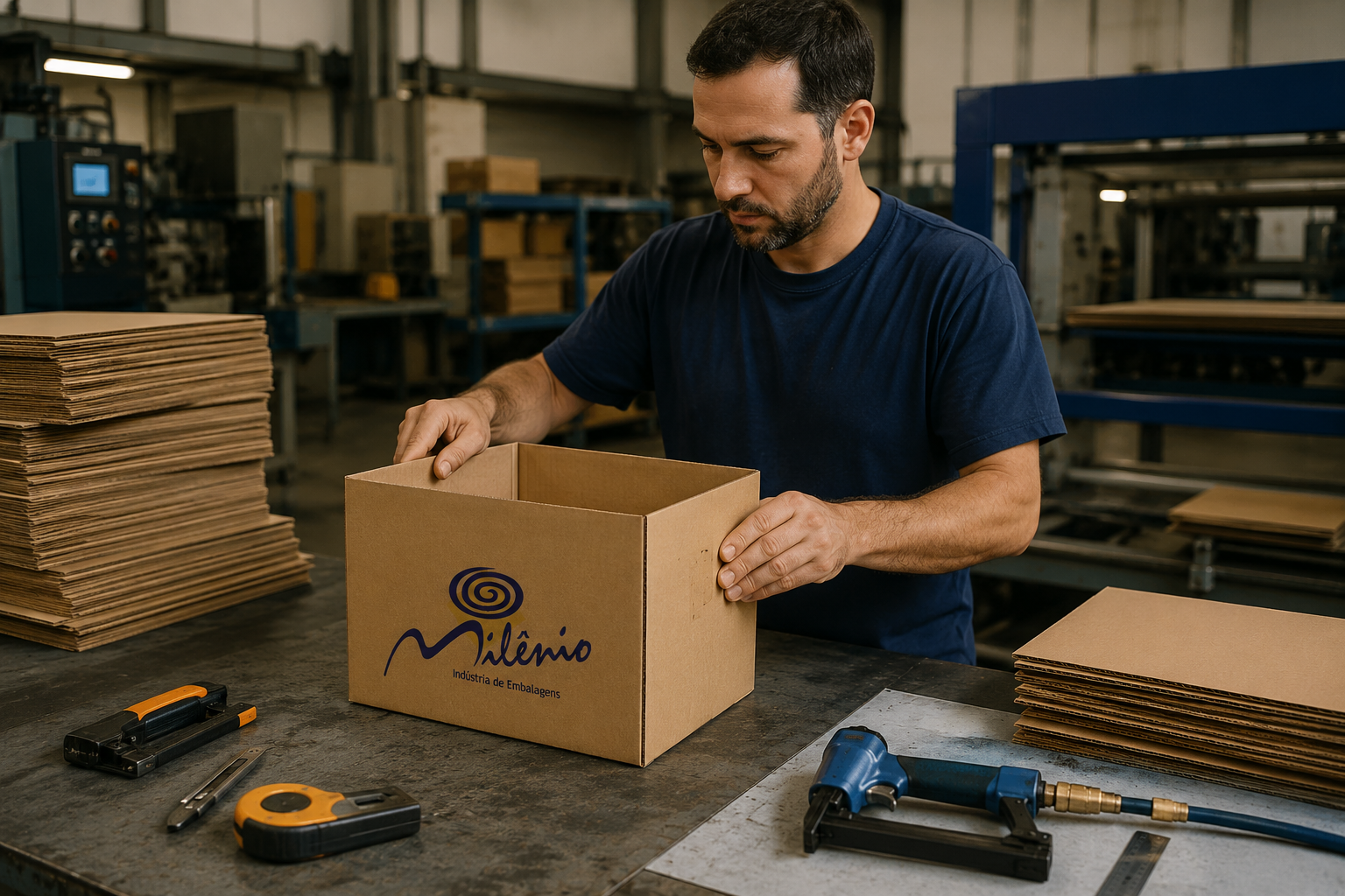 operador montando caixa de papelão sob medida em bancada industrial com peças organizadas ao redor